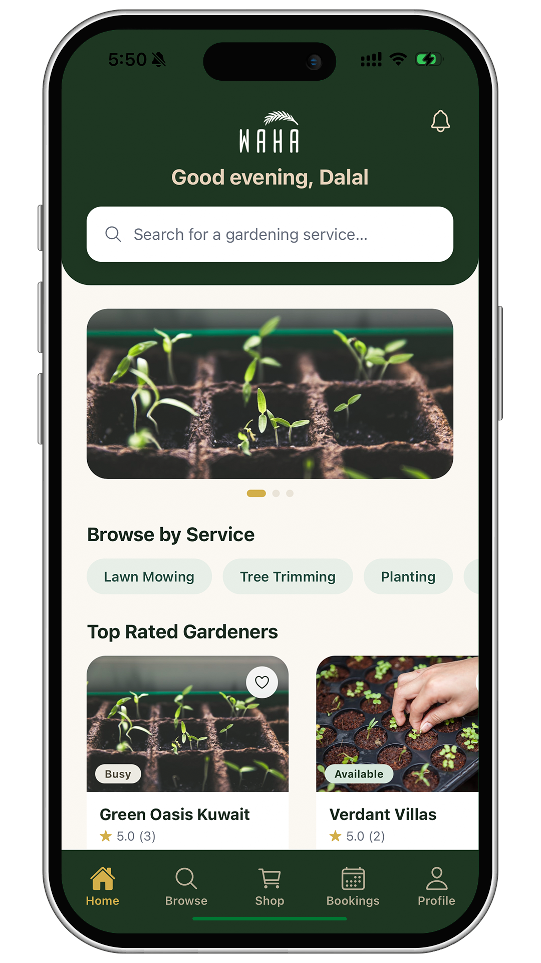 The GetWaha app home screen